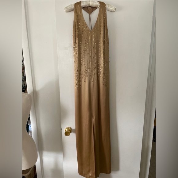 Nwot Ombré Beaded Sequin Silk Gown Long size 6Champagne W/Slit & Kick Pleat - Picture 1 of 9